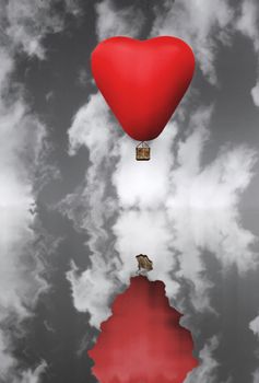 Red hot air balloon in flight against a black and white sky