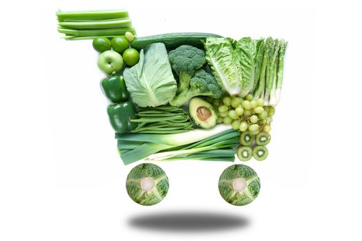 Green fruits and vegetables in the shape of a shopping cart symbol