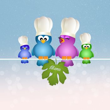 illustration of birds family cooks with menu