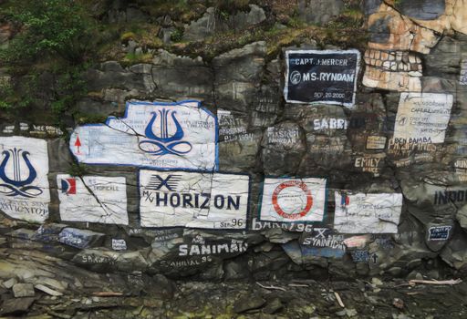 Ship Signature Wall in Skagway shows various names of ships that have docked at the harbor.
Photo taken on: June 18th, 2012
