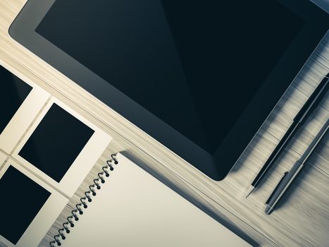 High angle view of a setting table of business workplace, shot in office, home work space