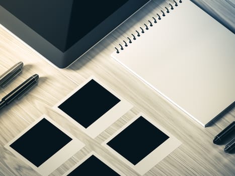 High angle view of a setting table of business workplace, shot in office, home work space