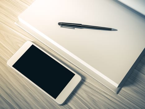 High angle view of a setting table of business workplace, shot in office, home work space