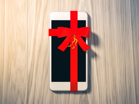 smartphone wrapped with color ribbon, on color wooden background