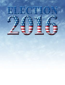 Election 2016 title art filled with satrs and stripes against a blue sky.