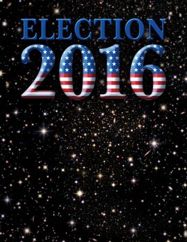 Election 2016 title art filled with satrs and stripes against a star filled sky.