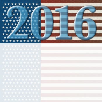 Digital Illustration of the year 2016 against the red, white, and blue stars and stripes of the United States flag. Includes an area to add text or other images.