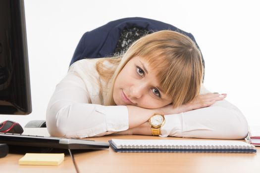 young beautiful business woman sitting at office desk working, isolated on white background