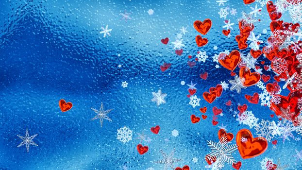 Set of hearts and snowflakes with a blue ice backdrop as a symbol of romantic love for the congratulations on Valentine's Day in february and winter weddings. Abstract horizontal background.