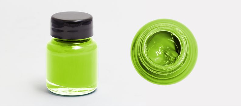 yellowgreen acrylic color bottle side and top view white isolated with clipping path