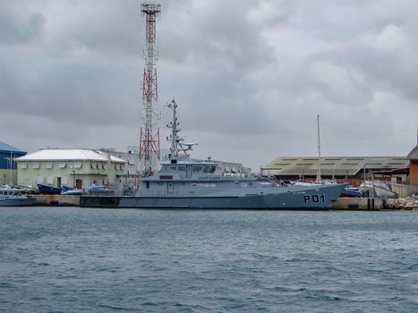 Bridgetown, Barbados- June 19, 2013: A coast guard ship belonging to Barbados sits in the harbor at Bridgetown and awaits deployment.