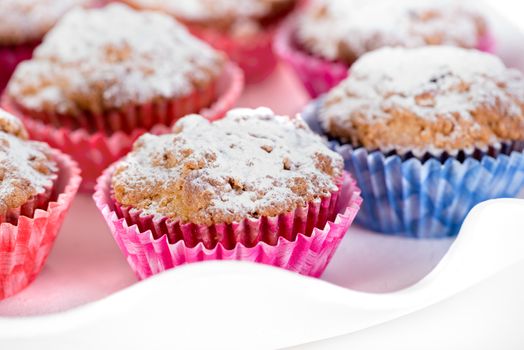 Coffee cocoa cinnamon cake Muffins powdered with sugar on white background