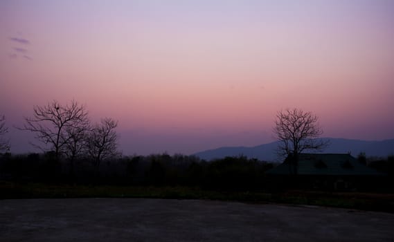 Twilight foggy sunset sky background