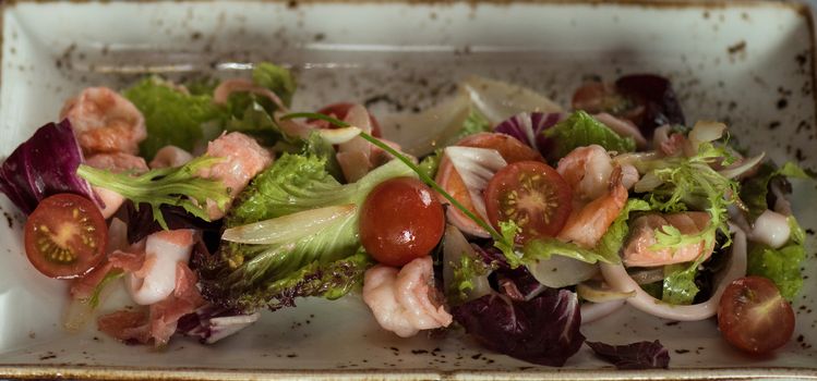 healthy green salad with cooked shrimp and vegetables