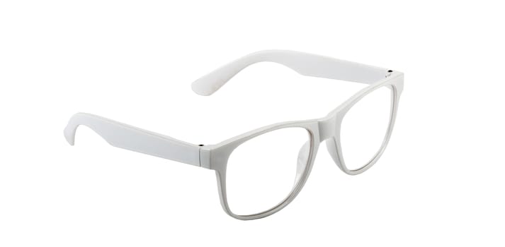 Pair of white eyeglasses isolated on white background, closeup