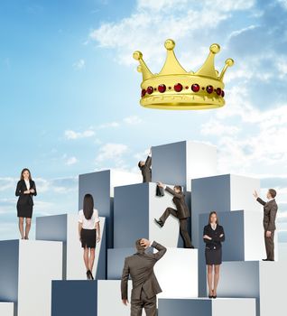 Set of business people climbing pile of boxes for big gold crown