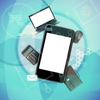 Smartphone with laptop and calculator on abstract background