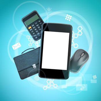 Smartphone with suitcase and calculator on abstract background