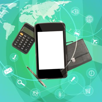 Smartphone with suitcase and calculator on abstract background