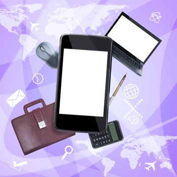 Smartphone with laptop and calculator on abstract background with world map