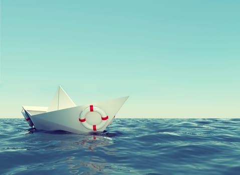 Paper boat in sea with blue sky and waves
