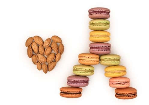 Macarons Eiffel Tower french sweet colorful,  heart of  almond. Fresh pastel delicious dessert. Love,Valentines Day, romantic. Isolated                                       