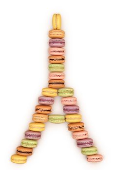 Macarons. Still life. Eiffel Tower french sweet colorful. A lot of fresh pastel delicious biscuit dessert. Isolated