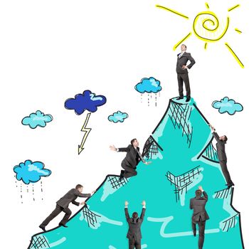 Set of businessmen climbing drawn iceberg with sun and clouds