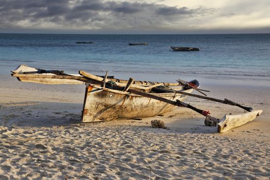 Dhow in the water ready to sail off the coast of Zanzibar
