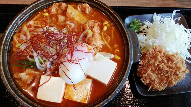 Set of Healthy Japanese Kimji Food with Tonkatsu