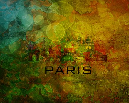 Paris France City Skyline with Paint Splatter Abstract onn Grunge Texture Background Color Illustration