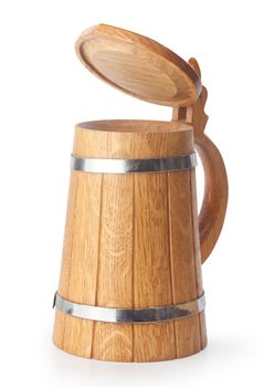 Isolated wooden beer mug with cap on the white