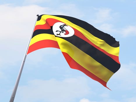 Uganda flag flying on clear sky.