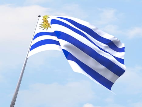 Uruguay flag flying on clear sky.