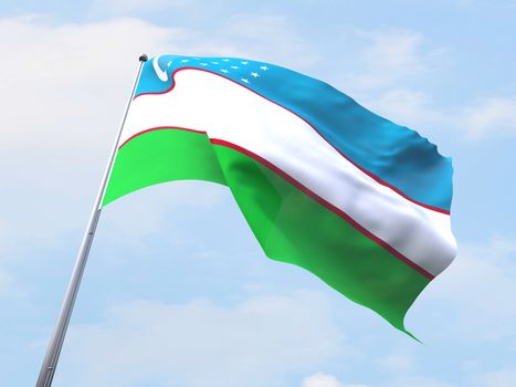 Uzbekistan flag flying on clear sky.