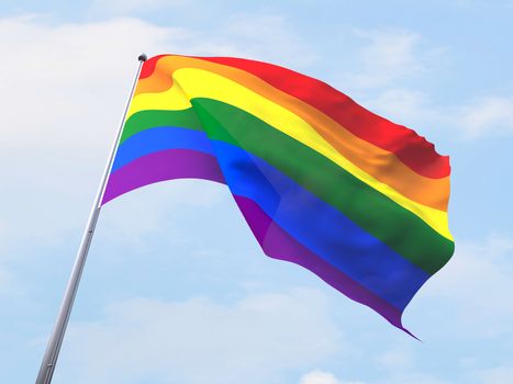 Rainbow flag flying on clear sky.