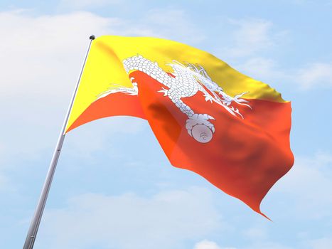 Bhutan flag flying on clear sky.