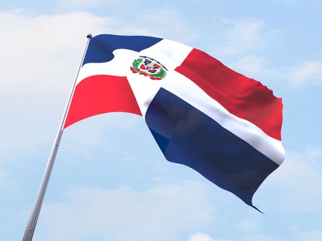 Dominican Republic flag flying on clear sky.