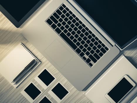 High angle view of a setting table of business workplace, shot in office, home work space