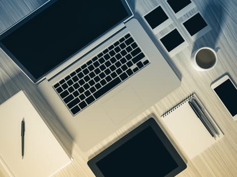 High angle view of a setting table of business workplace, shot in office, home work space