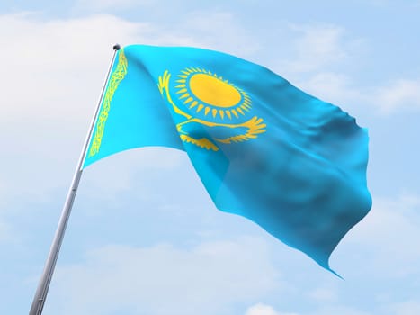 Kazakhstan flag flying on clear sky.