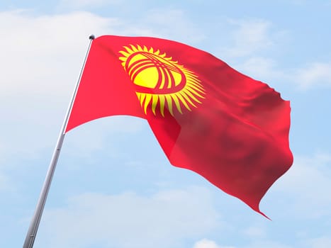 Kyrgyzstan flag flying on clear sky.