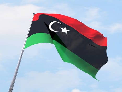 Libya flag flying on clear sky.