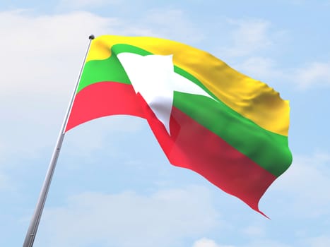 Myanmar flag flying on clear sky.