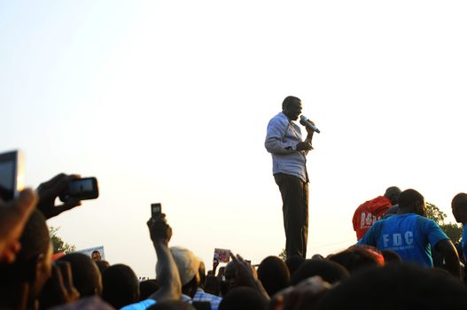 UGANDA, Entebbe: Kizza Besigye, Uganda's leading opposition leader and presidential candidate, holds a speech during an election rally in Entebbe, Uganda, on February 11, 2016. Besigye will challenge incumbent President Yoweri Museveni for the fourth time when voters go to the polls on February 18, 2016.