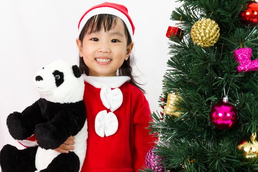 Asian Chinese little girl holding panda doll posing with Christmas Tree on plain white background studio.