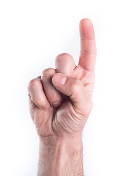 Man's finger touch on white background