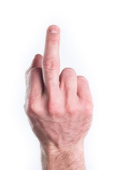 Man's hand miming fuck on white background