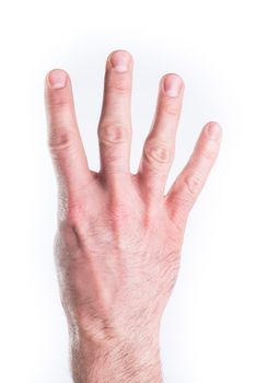 Man's hand mimic numbers on white background