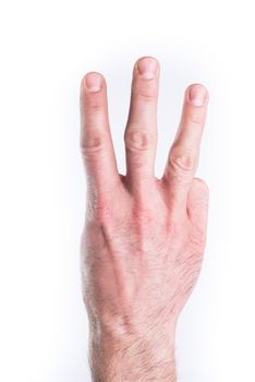 Man's hand mimic numbers on white background